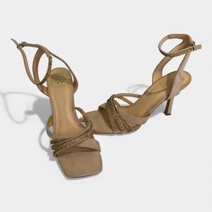 Vince Camuto Womens Beige Suede Square Toe Rhinestone Ankle Strap Heels Size 10